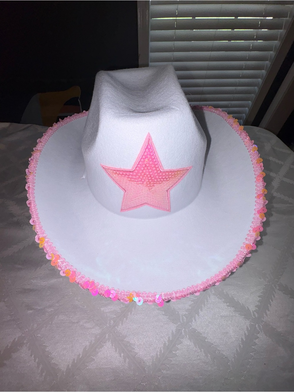 Kids White Felt Cowboy Hat with Pink Star and Sequin Trim